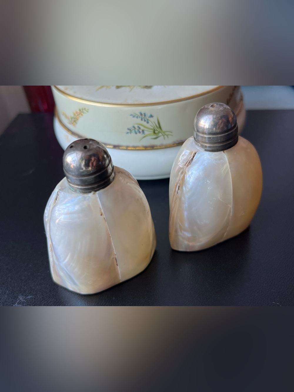 Antique Mother-of-Pearl Salt and Pepper Shaker Set - Elegant Silver